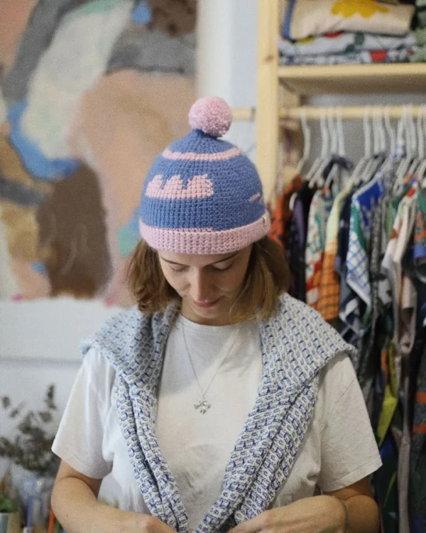 Blue and pink wool beanie