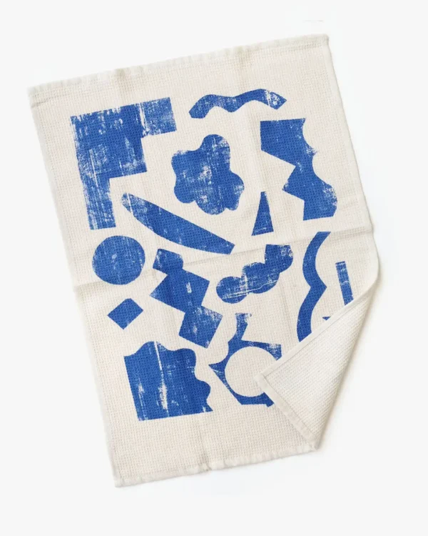 Blue shapes waffle tea towel