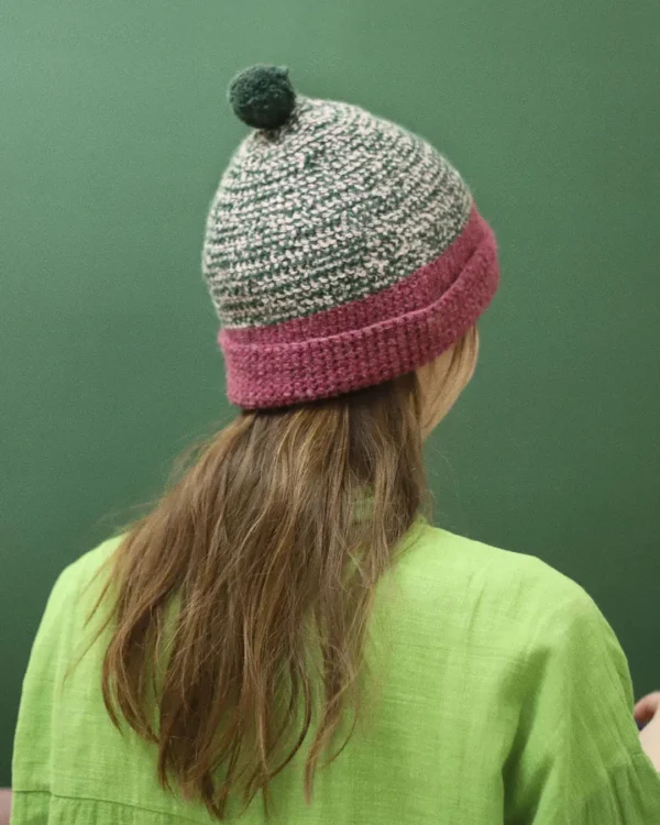 Green and pink merino beanie