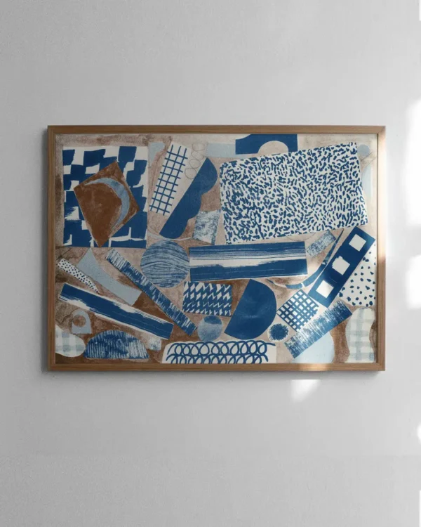 Blue and brown collage shapes print